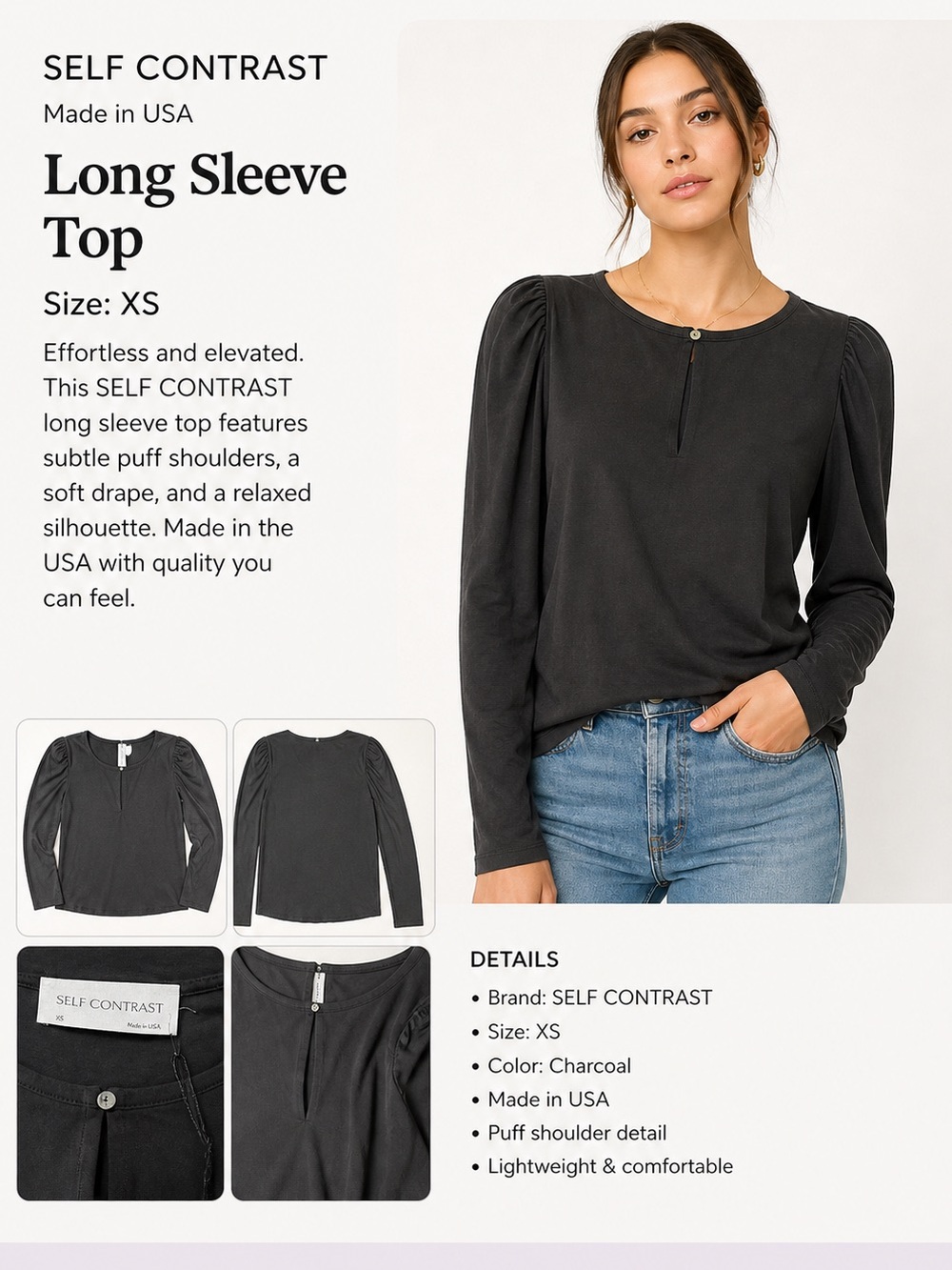 SELF CONTRAST Charcoal Puff Shoulder Long Sleeve Top